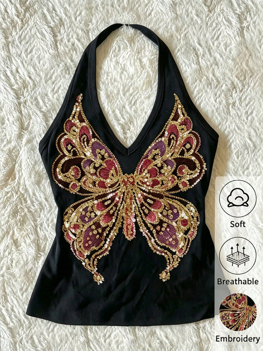 Women's Y2K Retro Sequin Butterfly Beaded Embroidered Knit Halter Neck Camisole Black Casual Summer