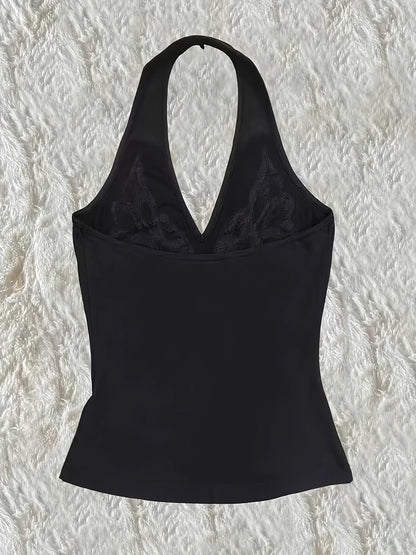 Women's Y2K Retro Sequin Butterfly Beaded Embroidered Knit Halter Neck Camisole Black Casual Summer