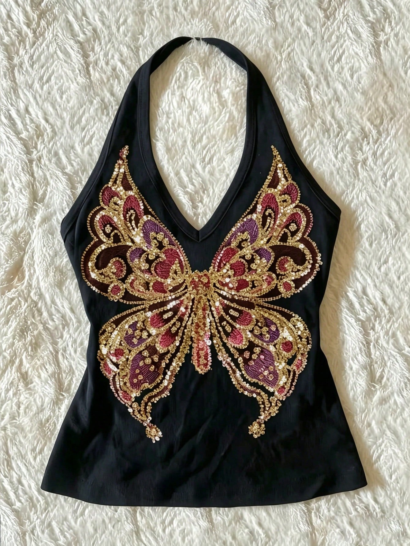 Women's Y2K Retro Sequin Butterfly Beaded Embroidered Knit Halter Neck Camisole Black Casual Summer