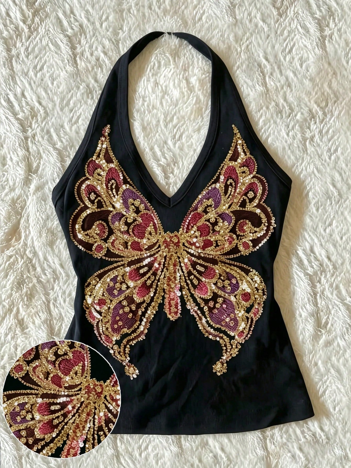 Women's Y2K Retro Sequin Butterfly Beaded Embroidered Knit Halter Neck Camisole Black Casual Summer