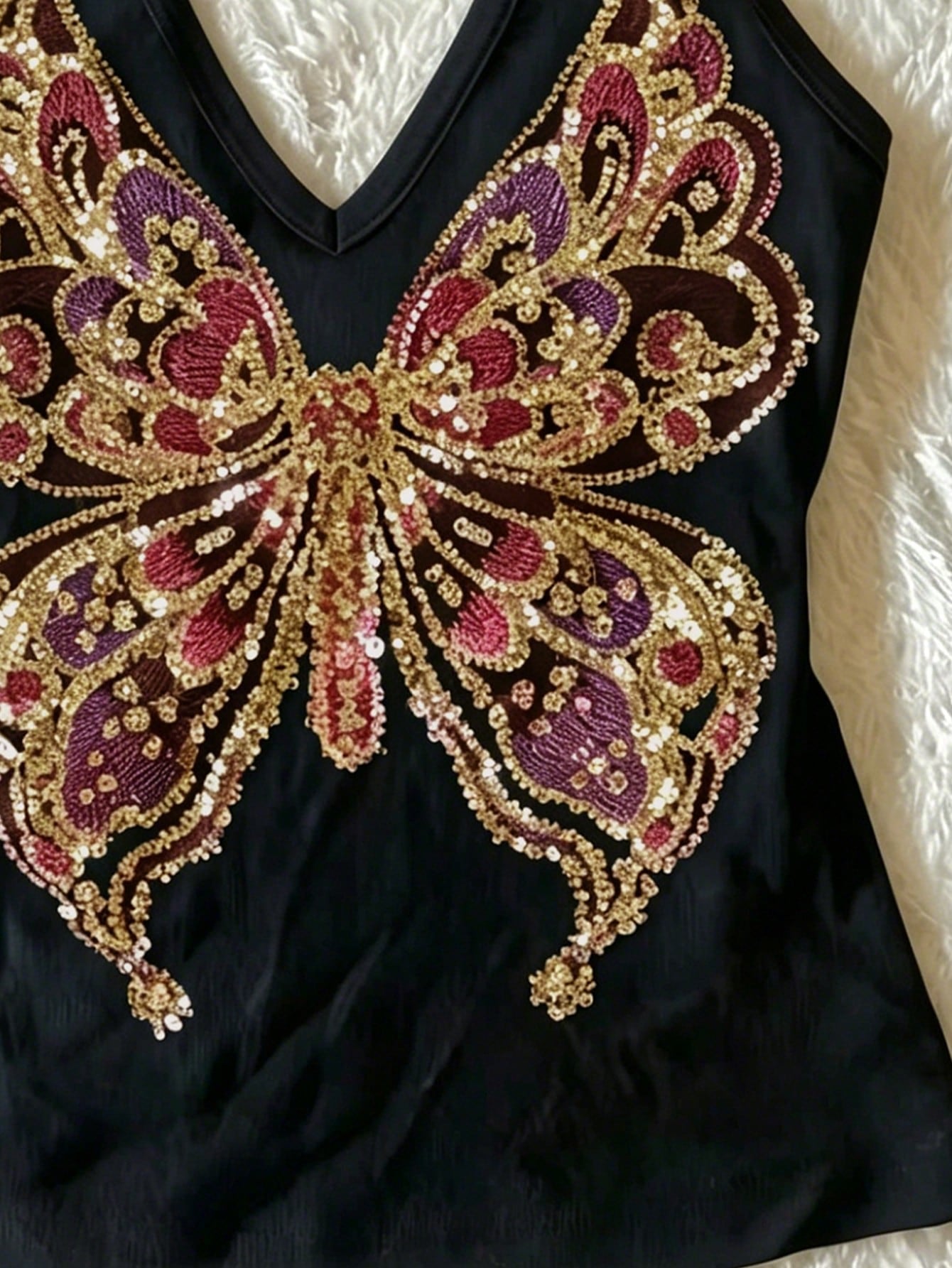 Women's Y2K Retro Sequin Butterfly Beaded Embroidered Knit Halter Neck Camisole Black Casual Summer