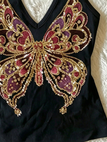 Women's Y2K Retro Sequin Butterfly Beaded Embroidered Knit Halter Neck Camisole Black Casual Summer