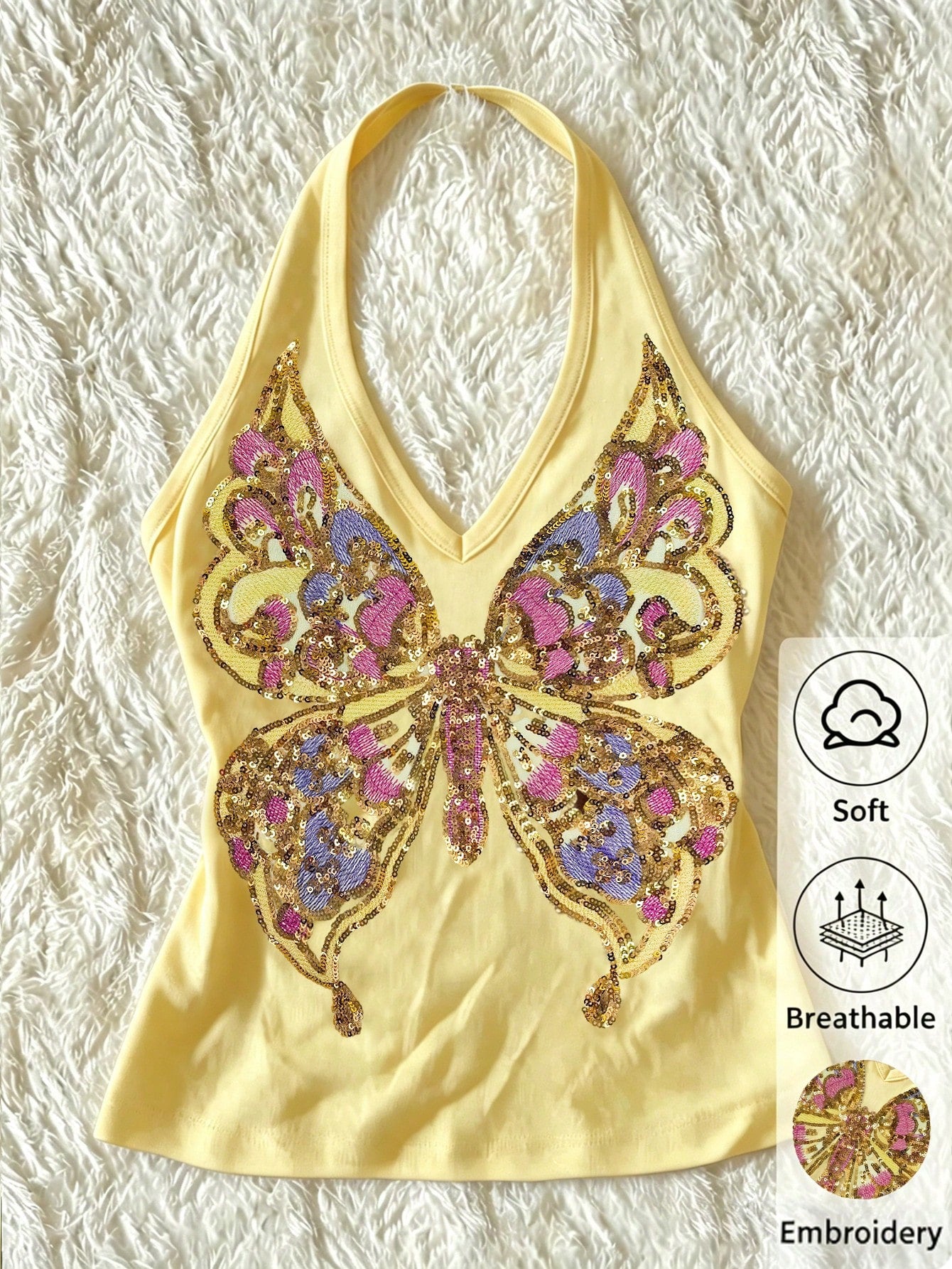Women's Y2K Retro Sequin Butterfly Beaded Embroidered Knit Halter Neck Camisole Black Casual Summer