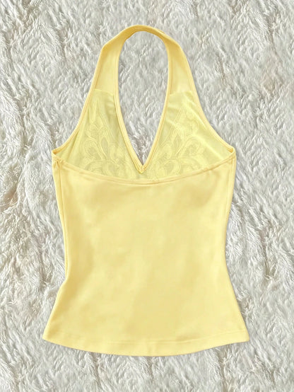 Women's Y2K Retro Sequin Butterfly Beaded Embroidered Knit Halter Neck Camisole Black Casual Summer