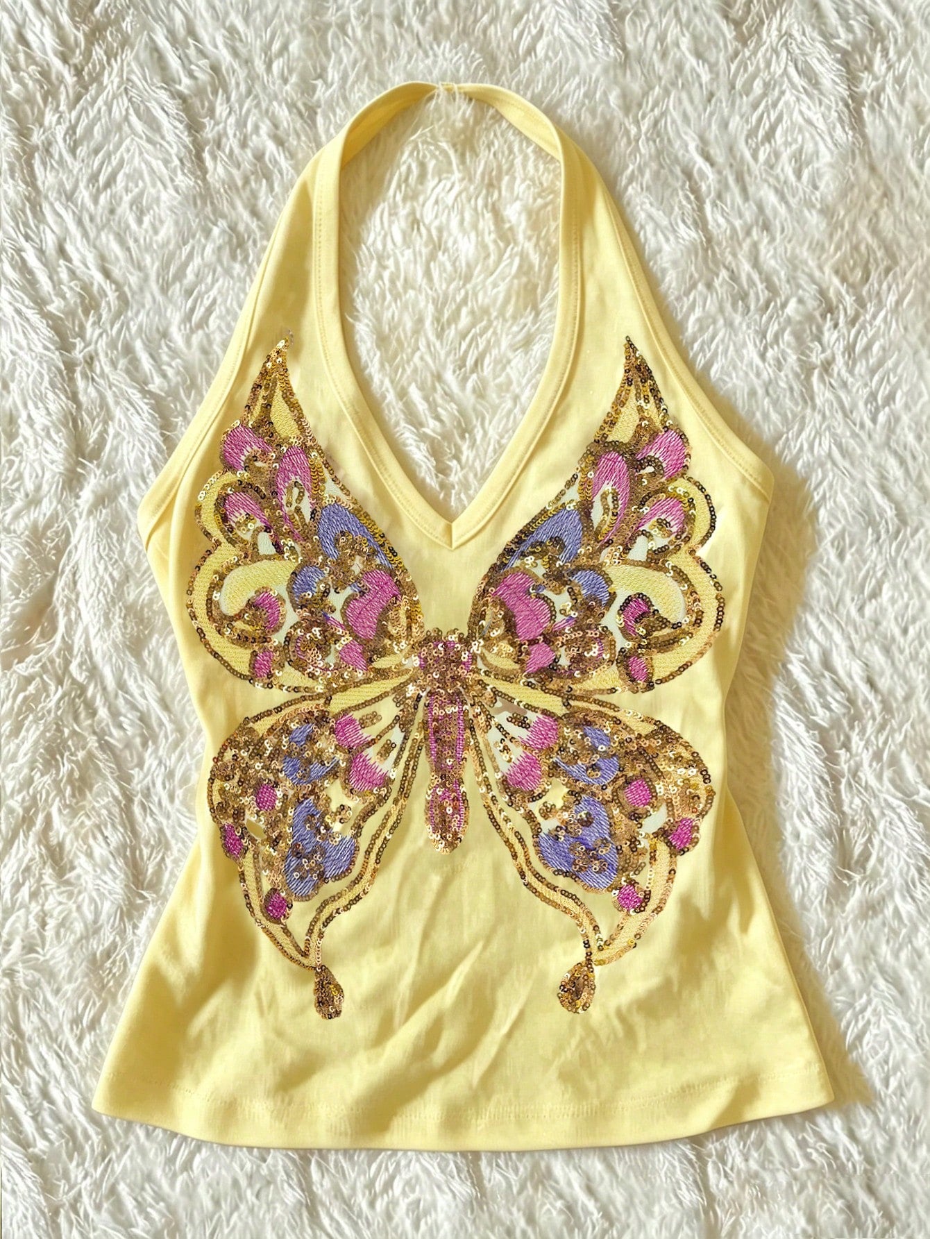 Women's Y2K Retro Sequin Butterfly Beaded Embroidered Knit Halter Neck Camisole Black Casual Summer