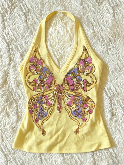 Women's Y2K Retro Sequin Butterfly Beaded Embroidered Knit Halter Neck Camisole Black Casual Summer