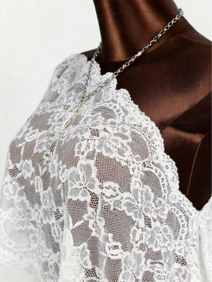 Women's Y2K Vintage Sexy Romantic Fashion Loose Translucent Lace Top, Women's Summer Shawl, Women's Cover-Up, Party, Graduation White