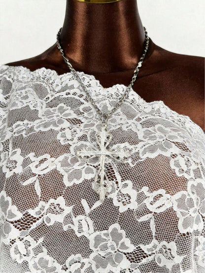 Women's Y2K Vintage Sexy Romantic Fashion Loose Translucent Lace Top, Women's Summer Shawl, Women's Cover-Up, Party, Graduation White