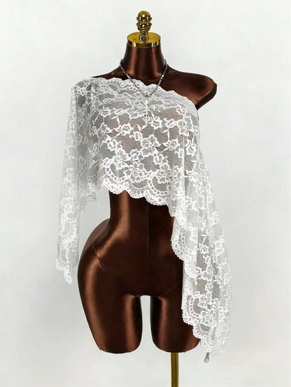 Women's Y2K Vintage Sexy Romantic Fashion Loose Translucent Lace Top, Women's Summer Shawl, Women's Cover-Up, Party, Graduation White