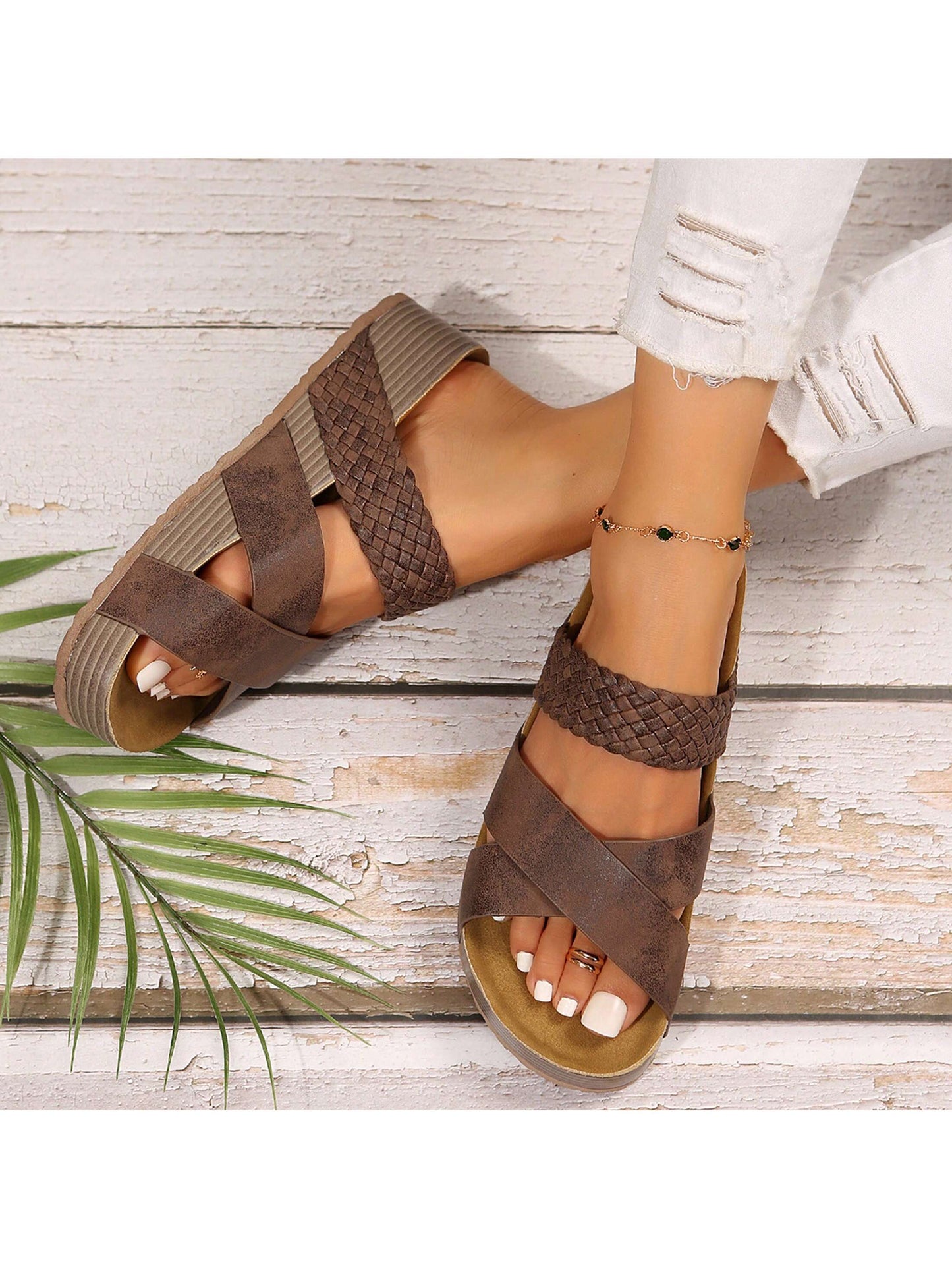 Women Sandals Solid Color New Thick Bottom Braided Cross Casual Slippers Beach Sandals