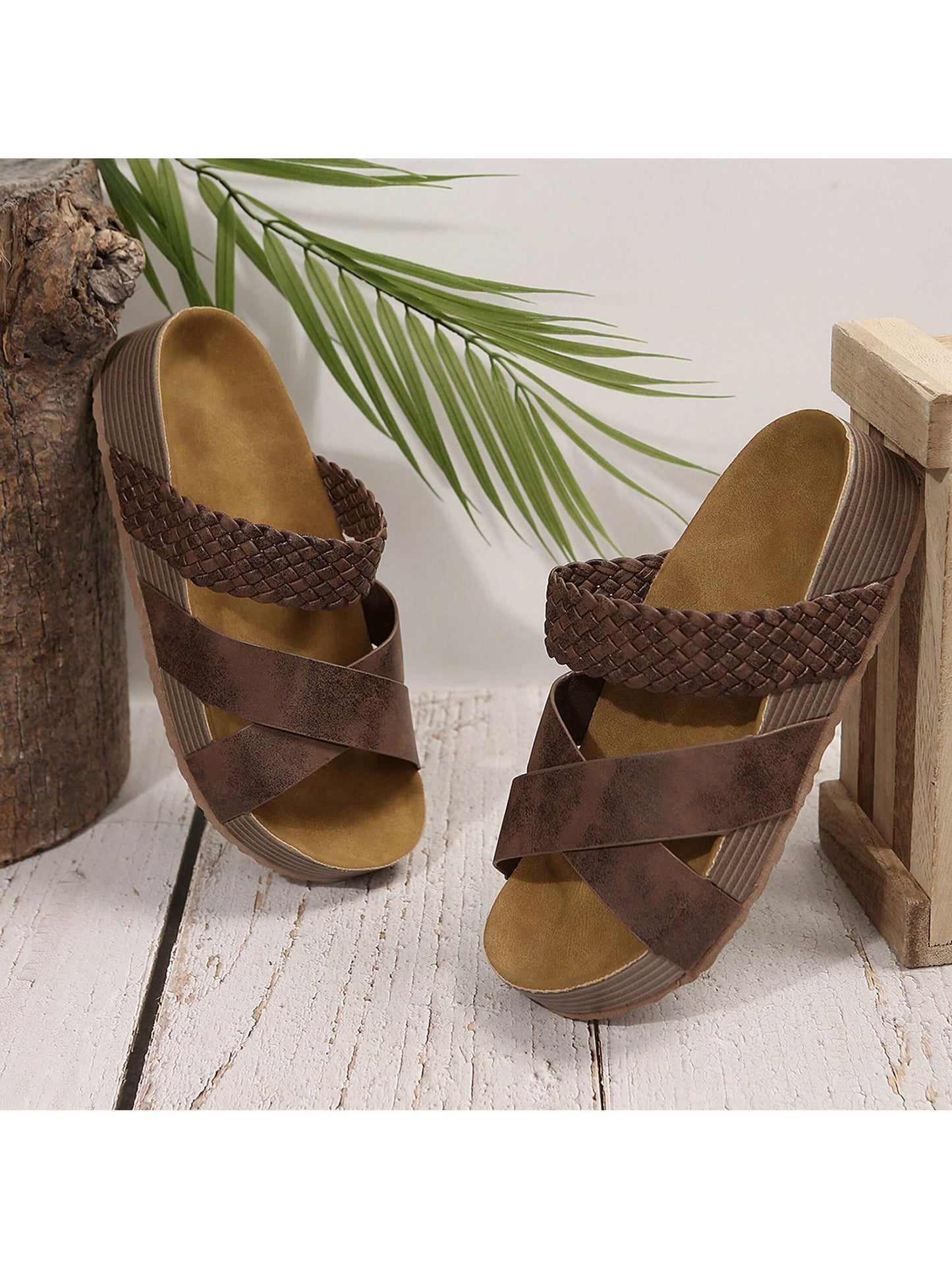 Women Sandals Solid Color New Thick Bottom Braided Cross Casual Slippers Beach Sandals