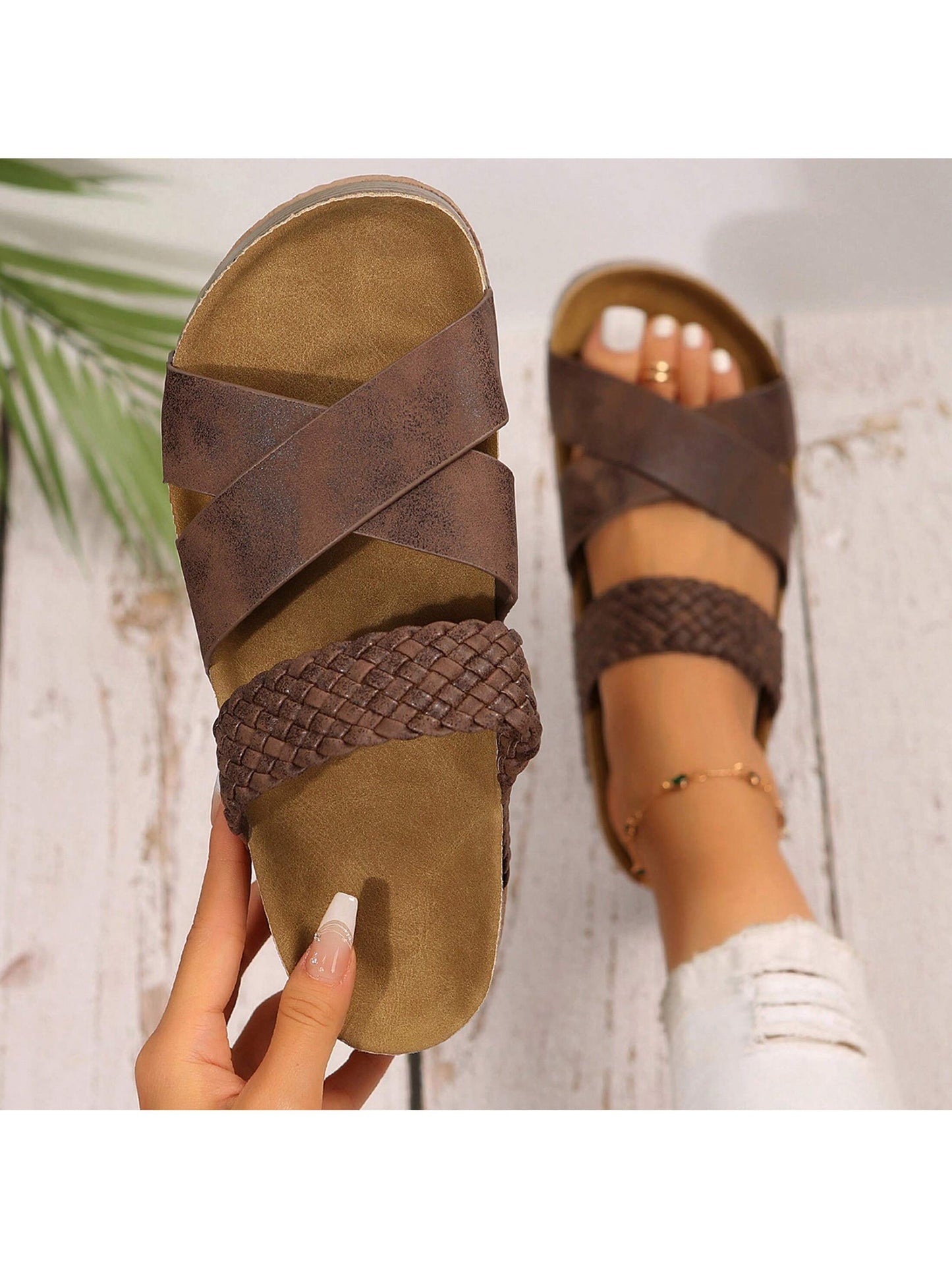 Women Sandals Solid Color New Thick Bottom Braided Cross Casual Slippers Beach Sandals