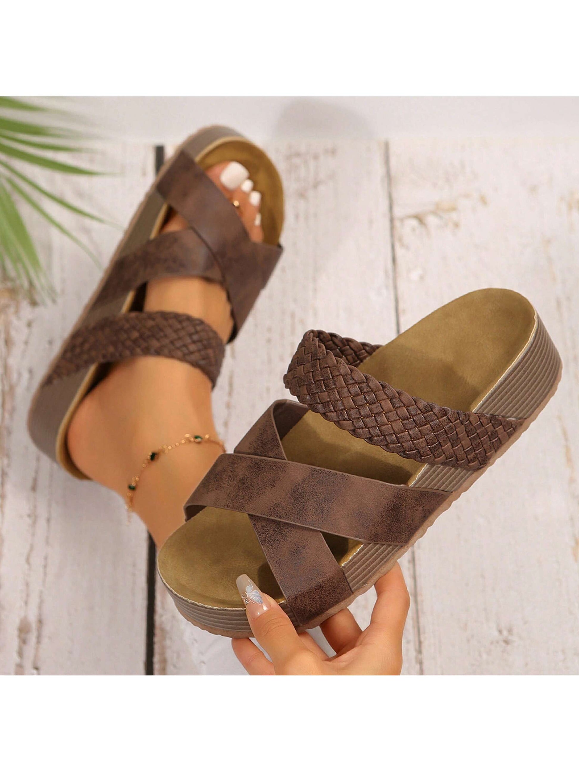 Women Sandals Solid Color New Thick Bottom Braided Cross Casual Slippers Beach Sandals