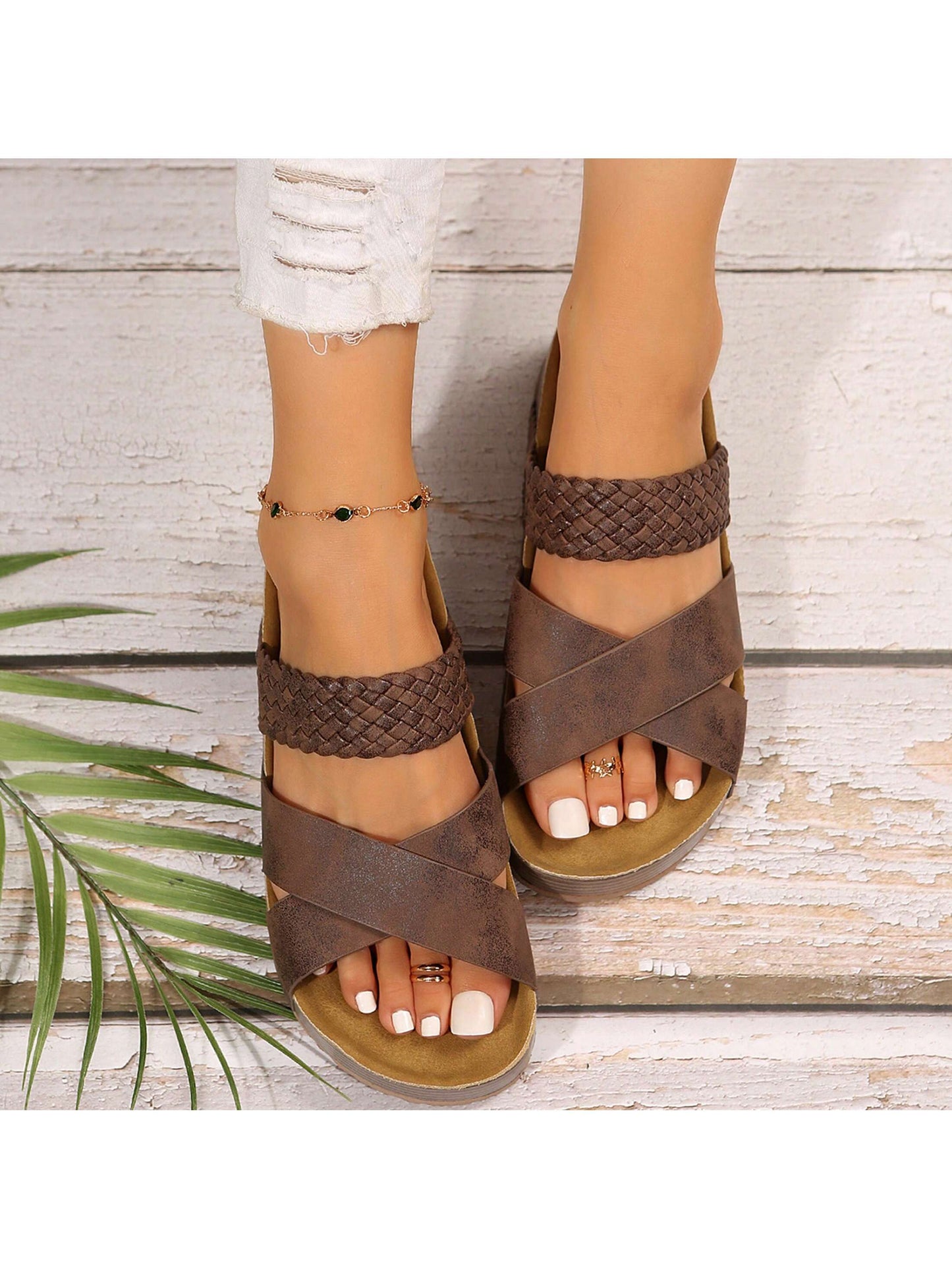 Women Sandals Solid Color New Thick Bottom Braided Cross Casual Slippers Beach Sandals