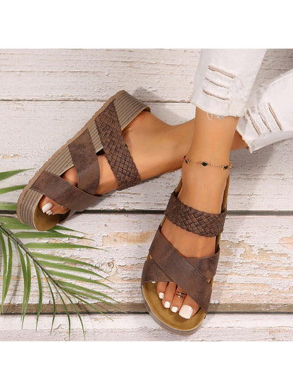 Women Sandals Solid Color New Thick Bottom Braided Cross Casual Slippers Beach Sandals