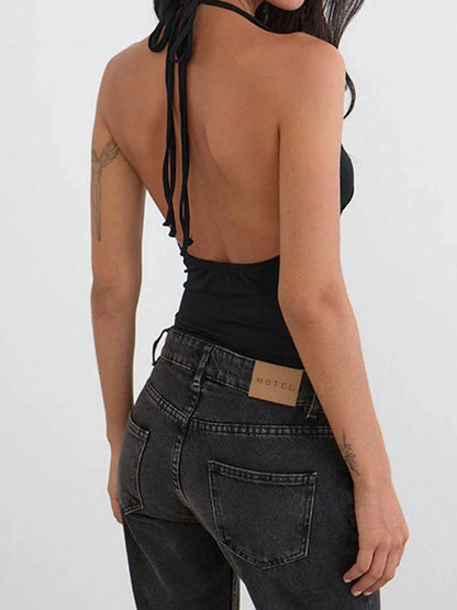 Women Studded Halter Top Sleeveless Open Back V Neck Slim Fit Tank Top Y2k Going Out Tops Club Party Outfits