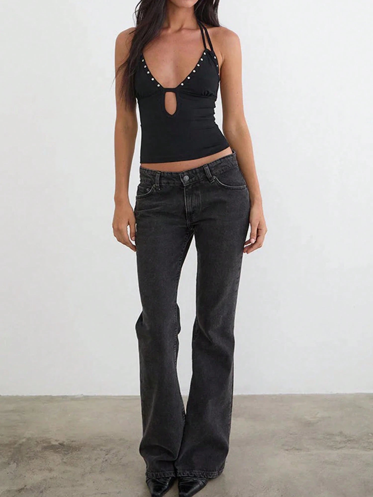 Women Studded Halter Top Sleeveless Open Back V Neck Slim Fit Tank Top Y2k Going Out Tops Club Party Outfits