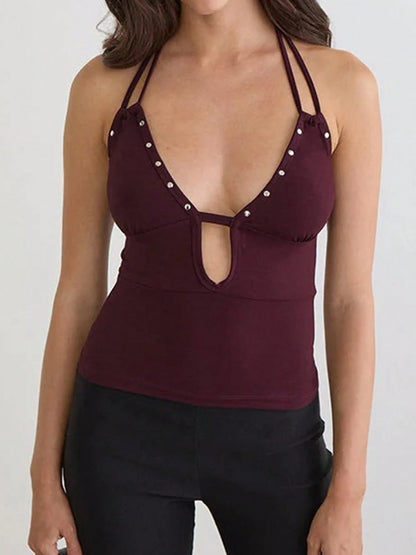 Women Studded Halter Top Sleeveless Open Back V Neck Slim Fit Tank Top Y2k Going Out Tops Club Party Outfits
