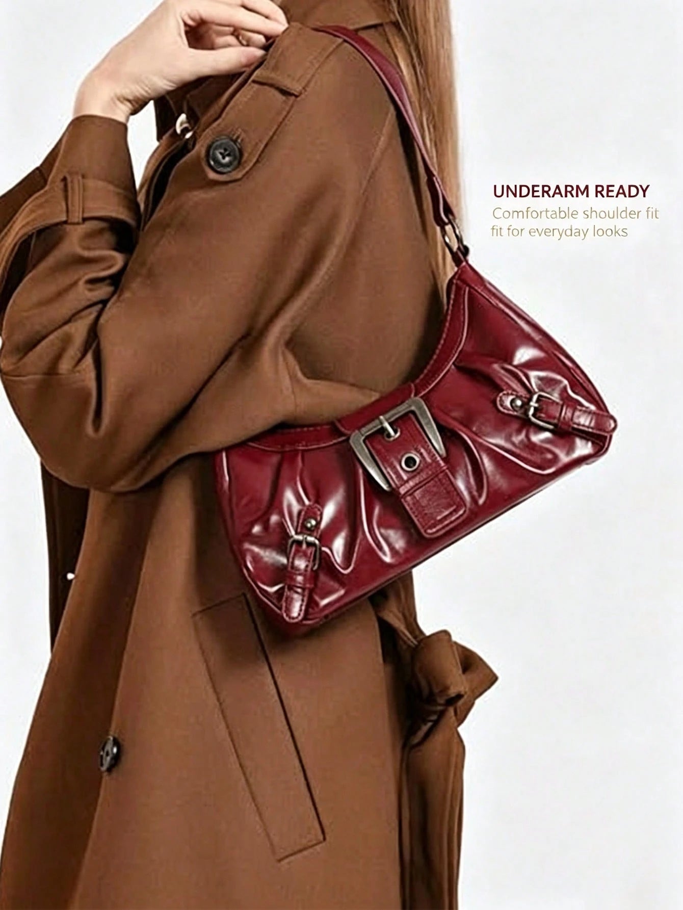 Women Vintage Burgundy Ruched Hobo Shoulder Bag,Y2K Faux Leather Underarm Bag With Buckle Decor, Adjustable Strap Casual Handbag Shoulder Bag Purses