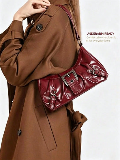 Women Vintage Burgundy Ruched Hobo Shoulder Bag,Y2K Faux Leather Underarm Bag With Buckle Decor, Adjustable Strap Casual Handbag Shoulder Bag Purses