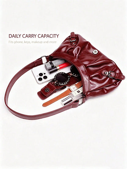 Women Vintage Burgundy Ruched Hobo Shoulder Bag,Y2K Faux Leather Underarm Bag With Buckle Decor, Adjustable Strap Casual Handbag Shoulder Bag Purses