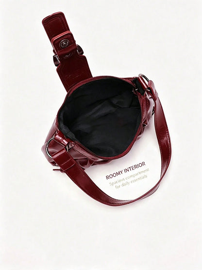 Women Vintage Burgundy Ruched Hobo Shoulder Bag,Y2K Faux Leather Underarm Bag With Buckle Decor, Adjustable Strap Casual Handbag Shoulder Bag Purses