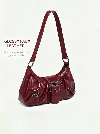 Women Vintage Burgundy Ruched Hobo Shoulder Bag,Y2K Faux Leather Underarm Bag With Buckle Decor, Adjustable Strap Casual Handbag Shoulder Bag Purses