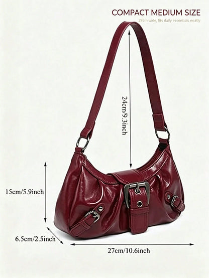Women Vintage Burgundy Ruched Hobo Shoulder Bag,Y2K Faux Leather Underarm Bag With Buckle Decor, Adjustable Strap Casual Handbag Shoulder Bag Purses