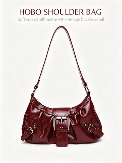 Women Vintage Burgundy Ruched Hobo Shoulder Bag,Y2K Faux Leather Underarm Bag With Buckle Decor, Adjustable Strap Casual Handbag Shoulder Bag Purses