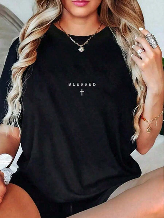 Womens% Cotton Casual Bless Subtle Christian Minimalist Religious Faith-Shirt