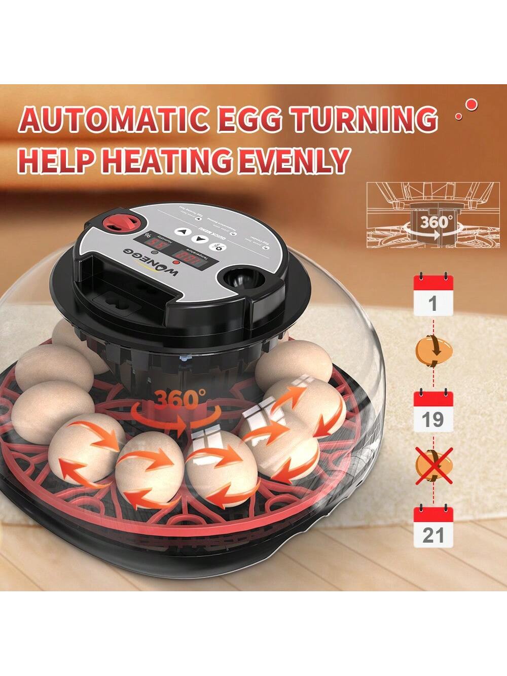 WONEEGG Egg Incubator For Hatching Chicks, Automatic Egg Turner Holds 12 Eggs, Smart Incubator 360° Clear Window With Temperature Display Egg Candler For Small Poultry Chickens Ducks Quails Eggs