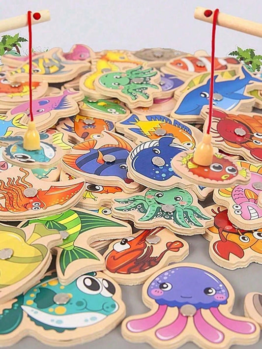 Wooden Magnetic Ocean Fishing Game, Ocean Creature Figures With Number Marks, Counting & Animal Cognition Toy. It Improves Hand-Eye Coordination And Focus For Preschool Kids, Fun Parent-Child Game, Gr