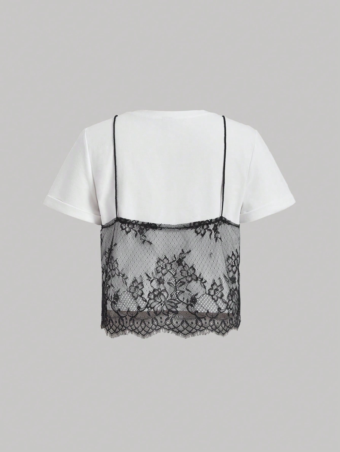 x Luisa Sonza MOD Summer White Lace Spliced Round Neck Short Sleeve T-Shirt (2 In 1),Black Tank Set,White Floral,Summer,Elegant,Date Night,Wedding Guest,Layered,Slim
