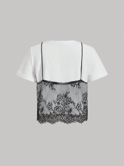 x Luisa Sonza MOD Summer White Lace Spliced Round Neck Short Sleeve T-Shirt (2 In 1),Black Tank Set,White Floral,Summer,Elegant,Date Night,Wedding Guest,Layered,Slim