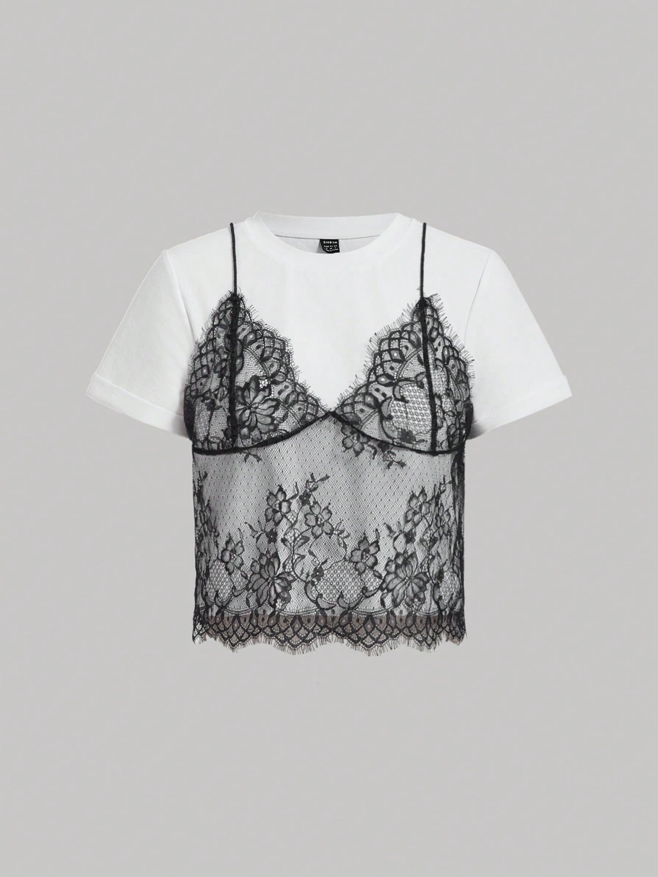 x Luisa Sonza MOD Summer White Lace Spliced Round Neck Short Sleeve T-Shirt (2 In 1),Black Tank Set,White Floral,Summer,Elegant,Date Night,Wedding Guest,Layered,Slim