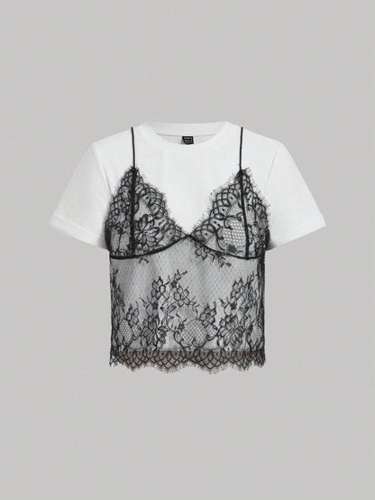 x Luisa Sonza MOD Summer White Lace Spliced Round Neck Short Sleeve T-Shirt (2 In 1),Black Tank Set,White Floral,Summer,Elegant,Date Night,Wedding Guest,Layered,Slim