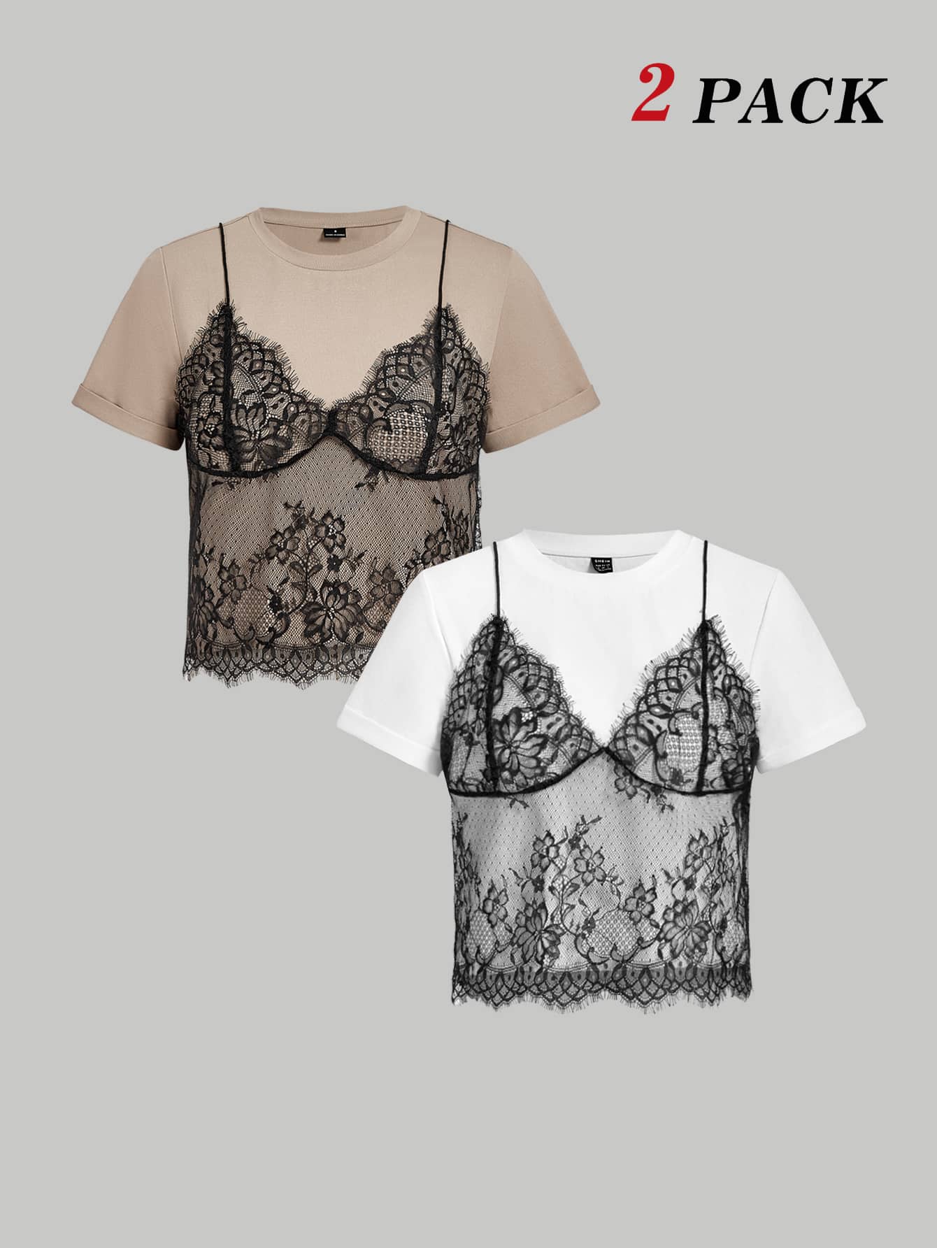 x Luisa Sonza MOD Summer White Lace Spliced Round Neck Short Sleeve T-Shirt (2 In 1),Black Tank Set,White Floral,Summer,Elegant,Date Night,Wedding Guest,Layered,Slim