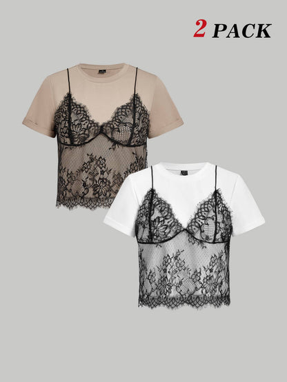 x Luisa Sonza MOD Summer White Lace Spliced Round Neck Short Sleeve T-Shirt (2 In 1),Black Tank Set,White Floral,Summer,Elegant,Date Night,Wedding Guest,Layered,Slim