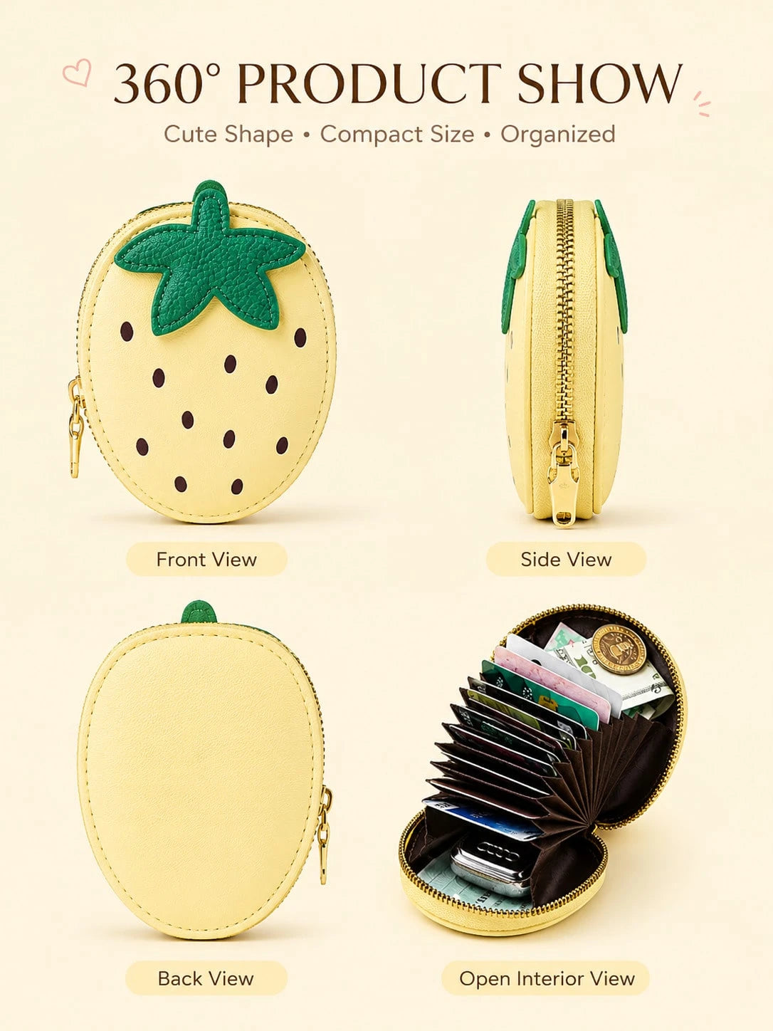 XD Cute Fruit Pattern Coin Purse, Made Of PU Material, An Eye-Catching Fashionable Coin Storage Bag. Its Exterior Design Is Outstanding, And The Interior Features A Practical Accordion-Style Card Hold