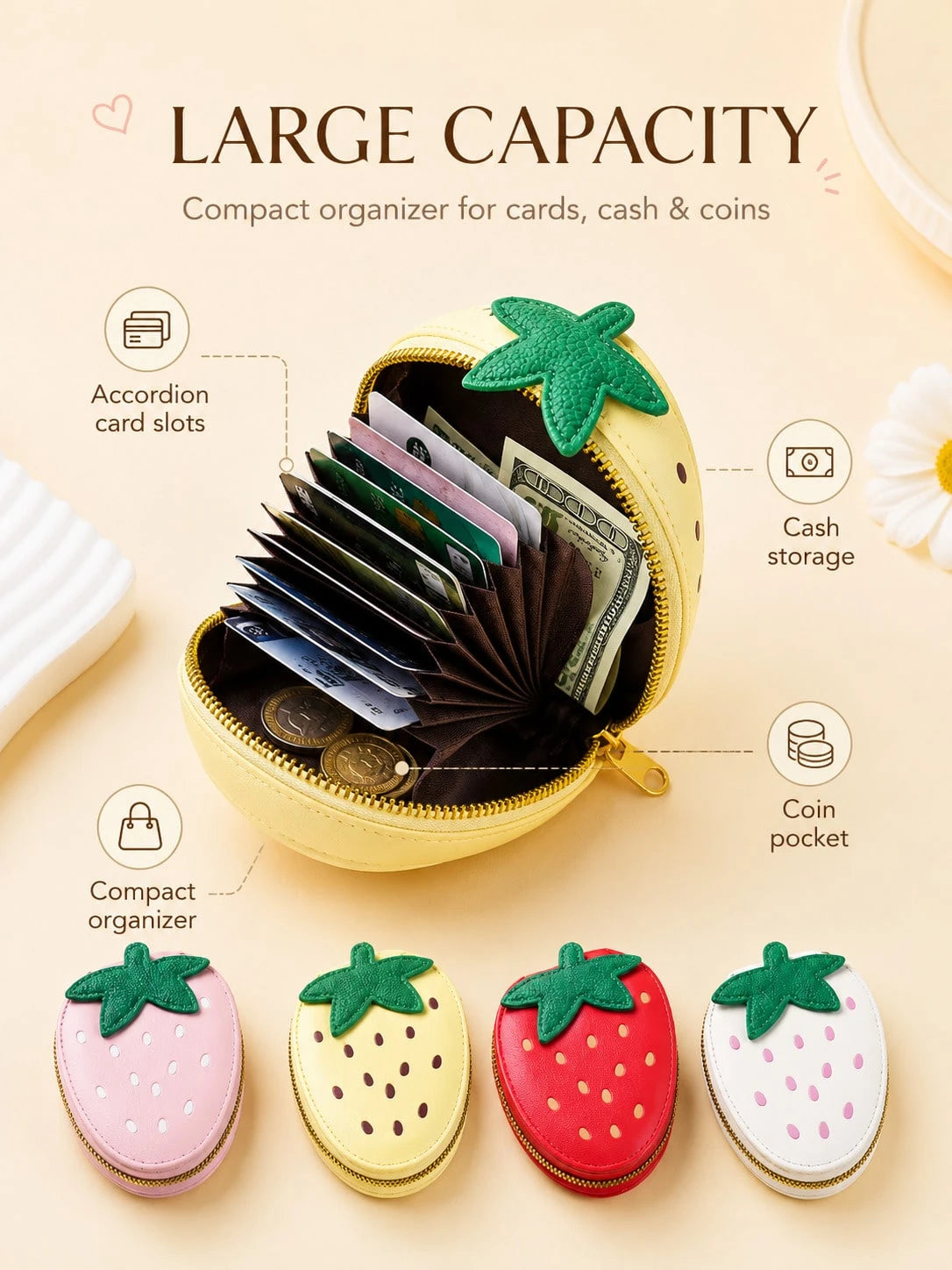 XD Cute Fruit Pattern Coin Purse, Made Of PU Material, An Eye-Catching Fashionable Coin Storage Bag. Its Exterior Design Is Outstanding, And The Interior Features A Practical Accordion-Style Card Hold