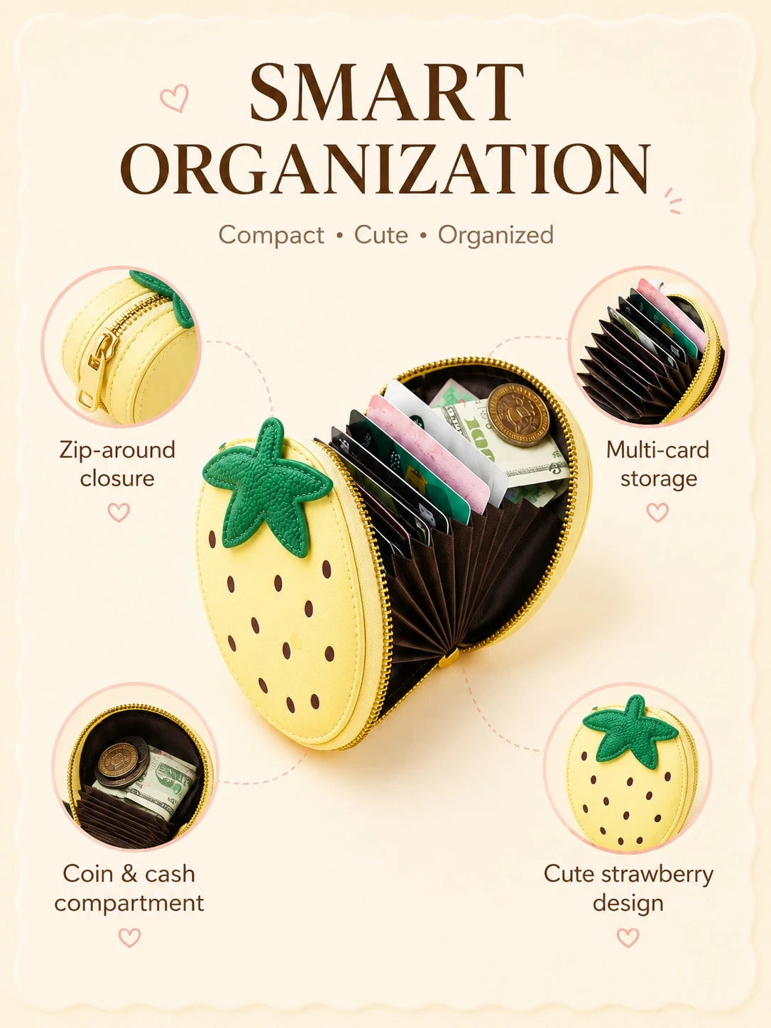 XD Cute Fruit Pattern Coin Purse, Made Of PU Material, An Eye-Catching Fashionable Coin Storage Bag. Its Exterior Design Is Outstanding, And The Interior Features A Practical Accordion-Style Card Hold