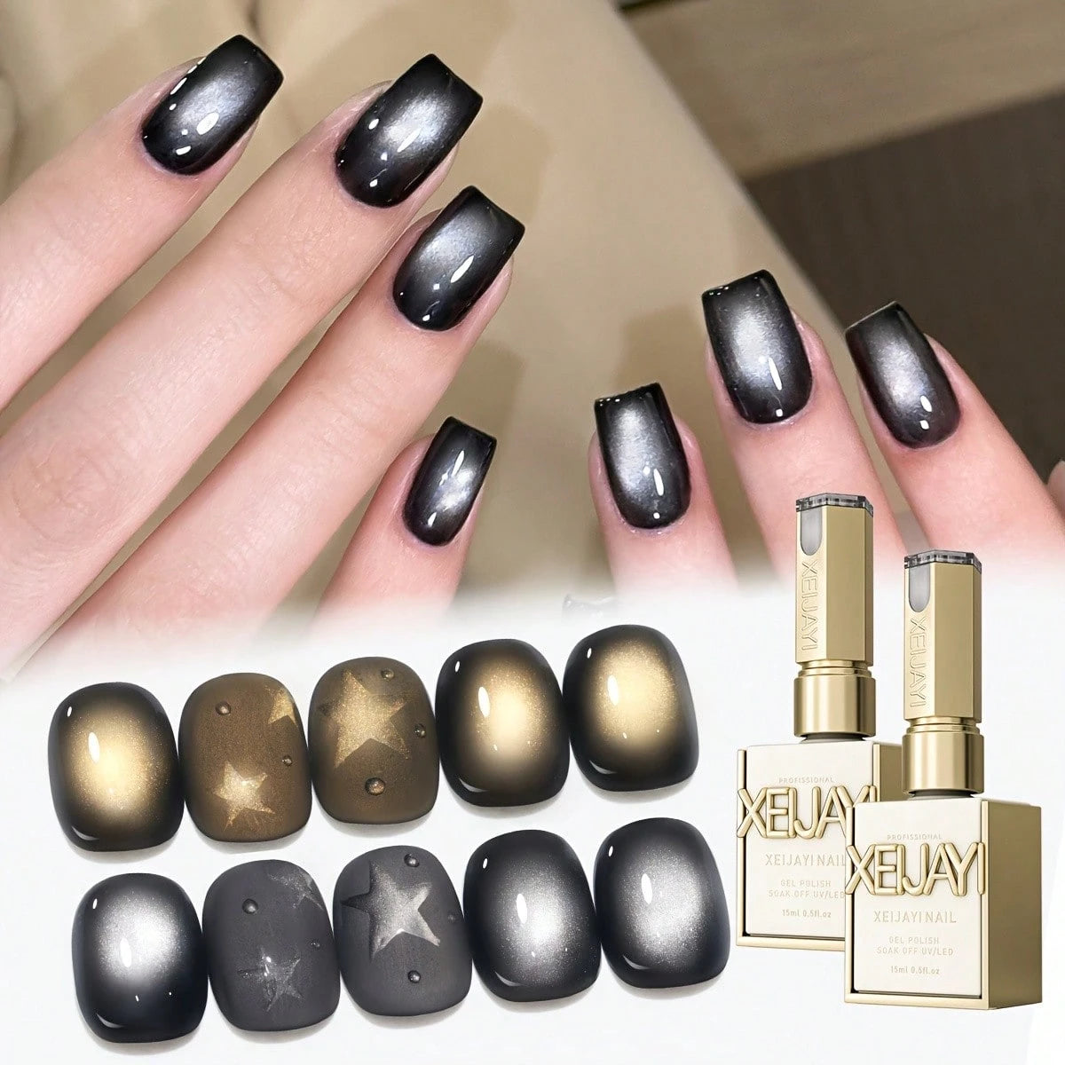 XEIJAYI Cat Eye Nail 2026 Holographic Nail Art 2pcs 15ml Reflective Cat's Eye Magnetic Nail Gel Soaking LED Gel Salon Female Nail Art Tools Fashion Nail Gel