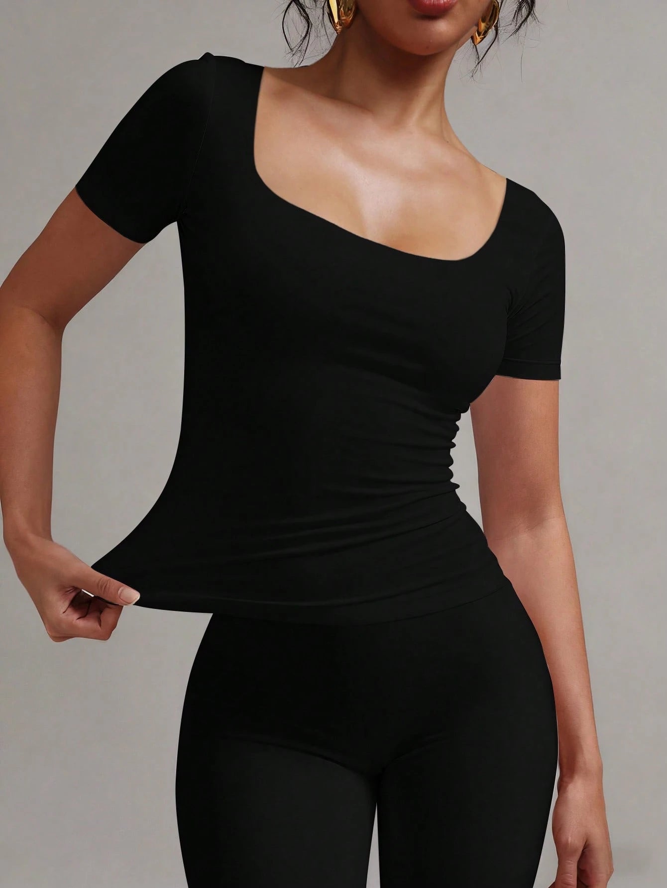 XLLAIS 2025 Summer Square Neck Short Sleeve Basic Black Top, High Stretch Double-Layer Slim Fit T-Shirt, New Year Casual