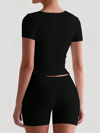 XLLAIS 2025 Summer Square Neck Short Sleeve Basic Black Top, High Stretch Double-Layer Slim Fit T-Shirt, New Year Casual