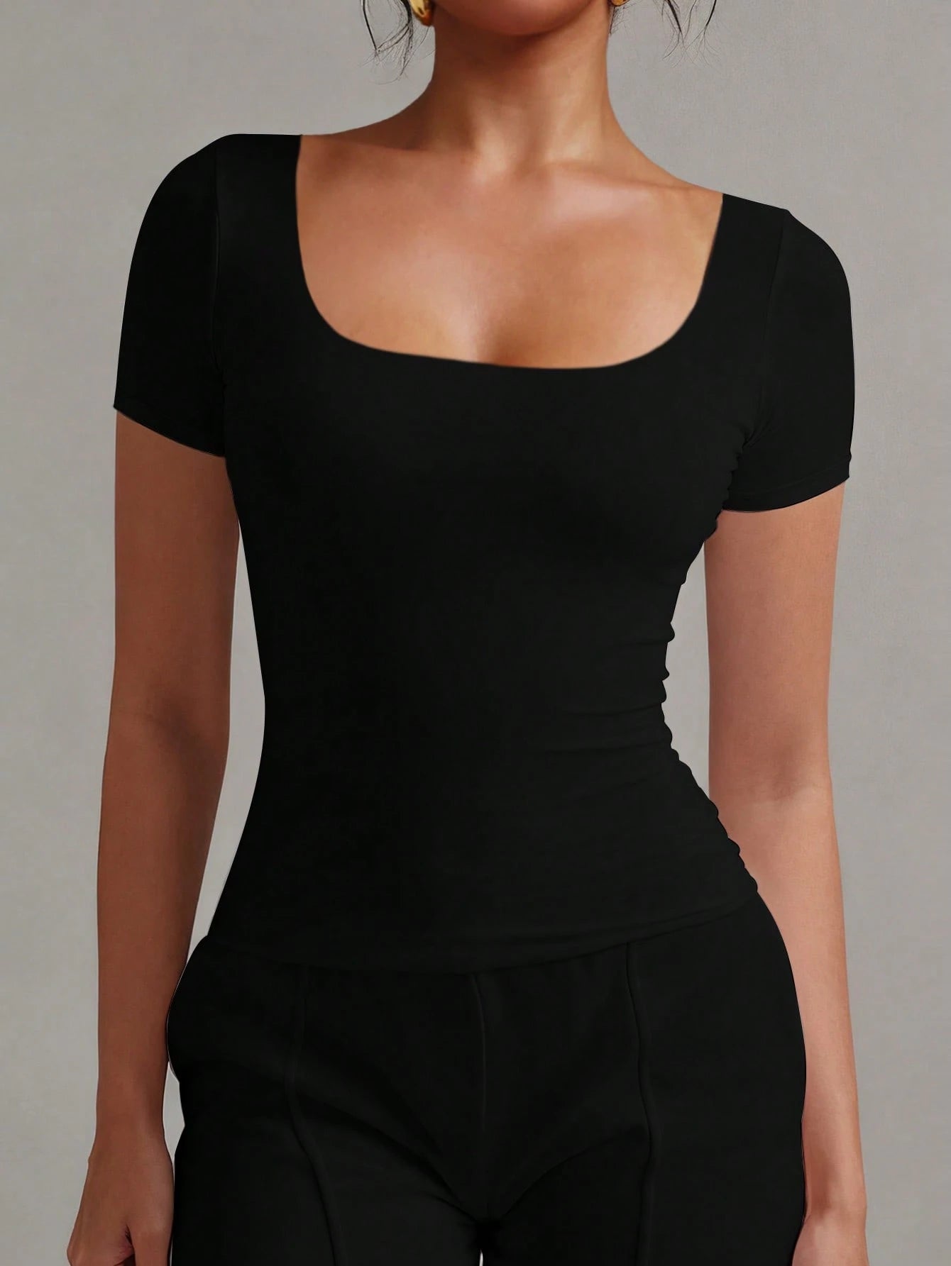 XLLAIS 2025 Summer Square Neck Short Sleeve Basic Black Top, High Stretch Double-Layer Slim Fit T-Shirt, New Year Casual