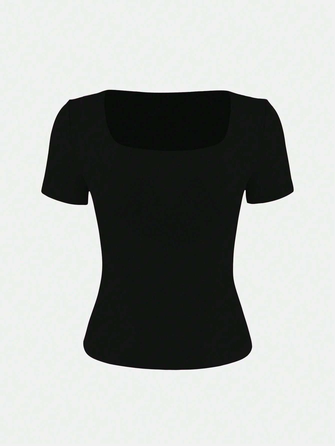 XLLAIS 2025 Summer Square Neck Short Sleeve Basic Black Top, High Stretch Double-Layer Slim Fit T-Shirt, New Year Casual