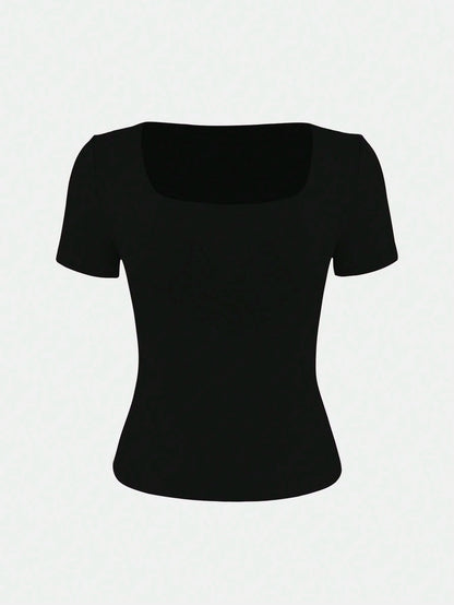 XLLAIS 2025 Summer Square Neck Short Sleeve Basic Black Top, High Stretch Double-Layer Slim Fit T-Shirt, New Year Casual