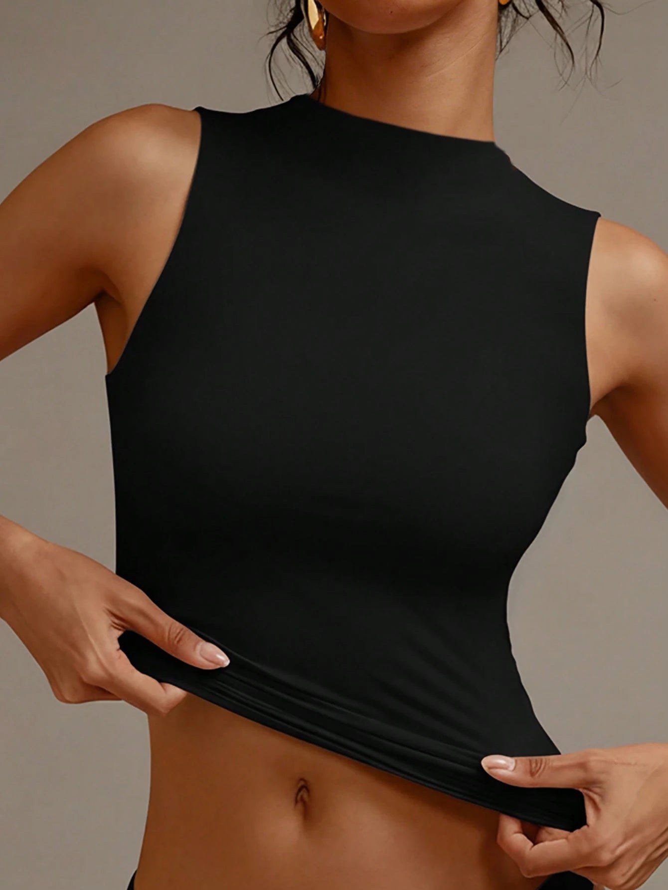 XLLAIS Crew Neck Sleeveless Solid Color Undershirt, Double-Layer Stretchy Slim Fit T-Shirt Casual Black Summer, Everyday Wear