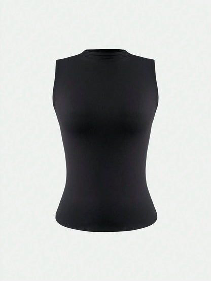 XLLAIS Crew Neck Sleeveless Solid Color Undershirt, Double-Layer Stretchy Slim Fit T-Shirt Casual Black Summer, Everyday Wear