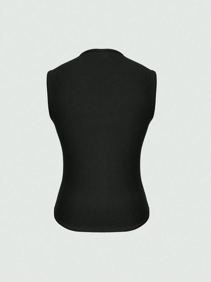 XLLAIS Crew Neck Sleeveless Solid Color Undershirt, Double-Layer Stretchy Slim Fit T-Shirt Casual Black Summer, Everyday Wear